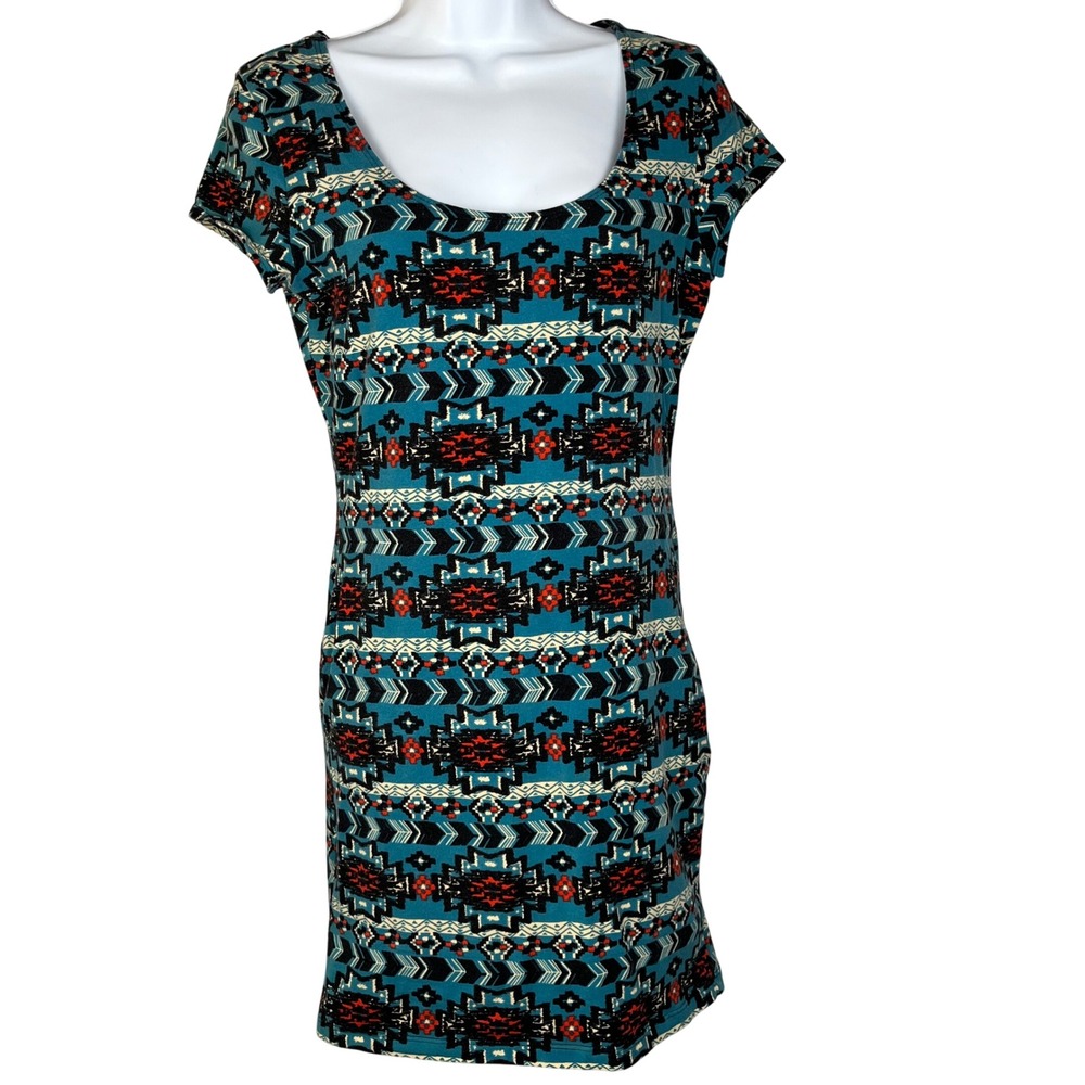 Wet Seal Bodycon Dress Aztec Print‎ Casual Fitted Short Sleeve Large